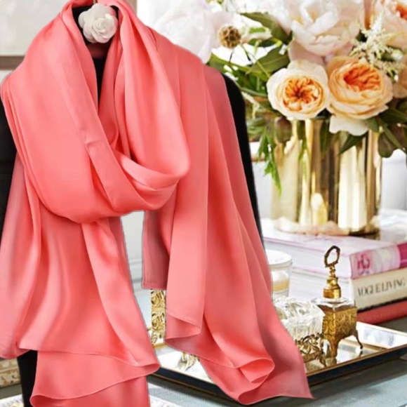 Coral Pink Red 100% SILK SATIN Large Shawl Scarf Wrap Wedding Bridesmaid CoverUp - Picture 1 of 5